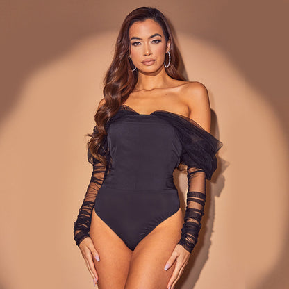 V-Neck Fashion Mesh Panel Puff Sleeve Slim Bodysuit