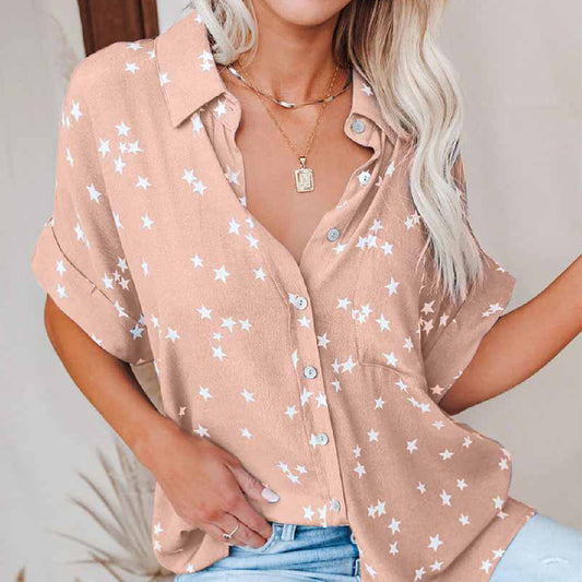 Star Print V-Neck Button-Up Short Sleeve Batwing Shirt