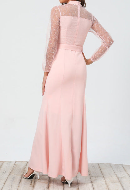 Lace Long Sleeve Dress Round Neck Tie