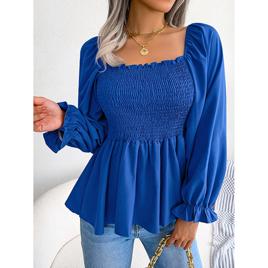 Peplum Tops Square Neck Ruffle Trim Long Sleeve Blouse Smocked Top Dressy