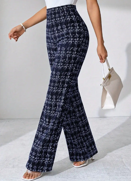 High Waist Woven Plaid Pants Straight Leg Trousers
