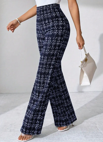 High Waist Woven Plaid Pants Straight Leg Trousers