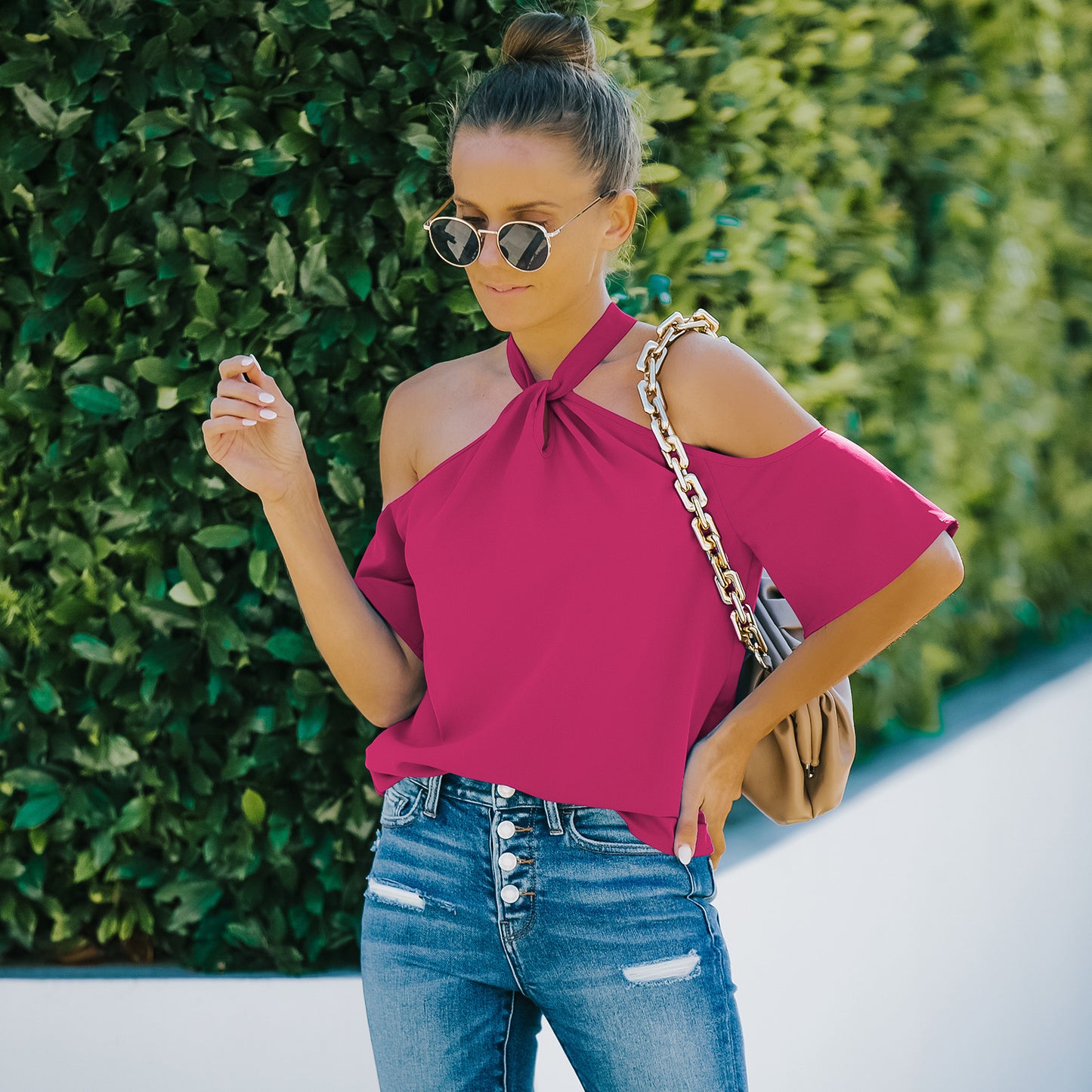 Half Sleeve Solid Color Off-Shoulder Top
