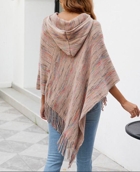 Hooded Striped Cape Tassel Shawl Poncho