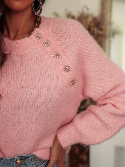 Raglan Sleeve Sweater  Round Neck Button Knit Pullover
