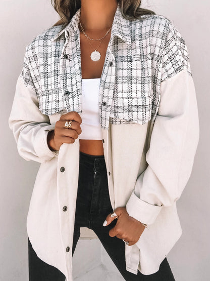 Corduroy Plaid Splicing Lapel Long Sleeve with Pockets