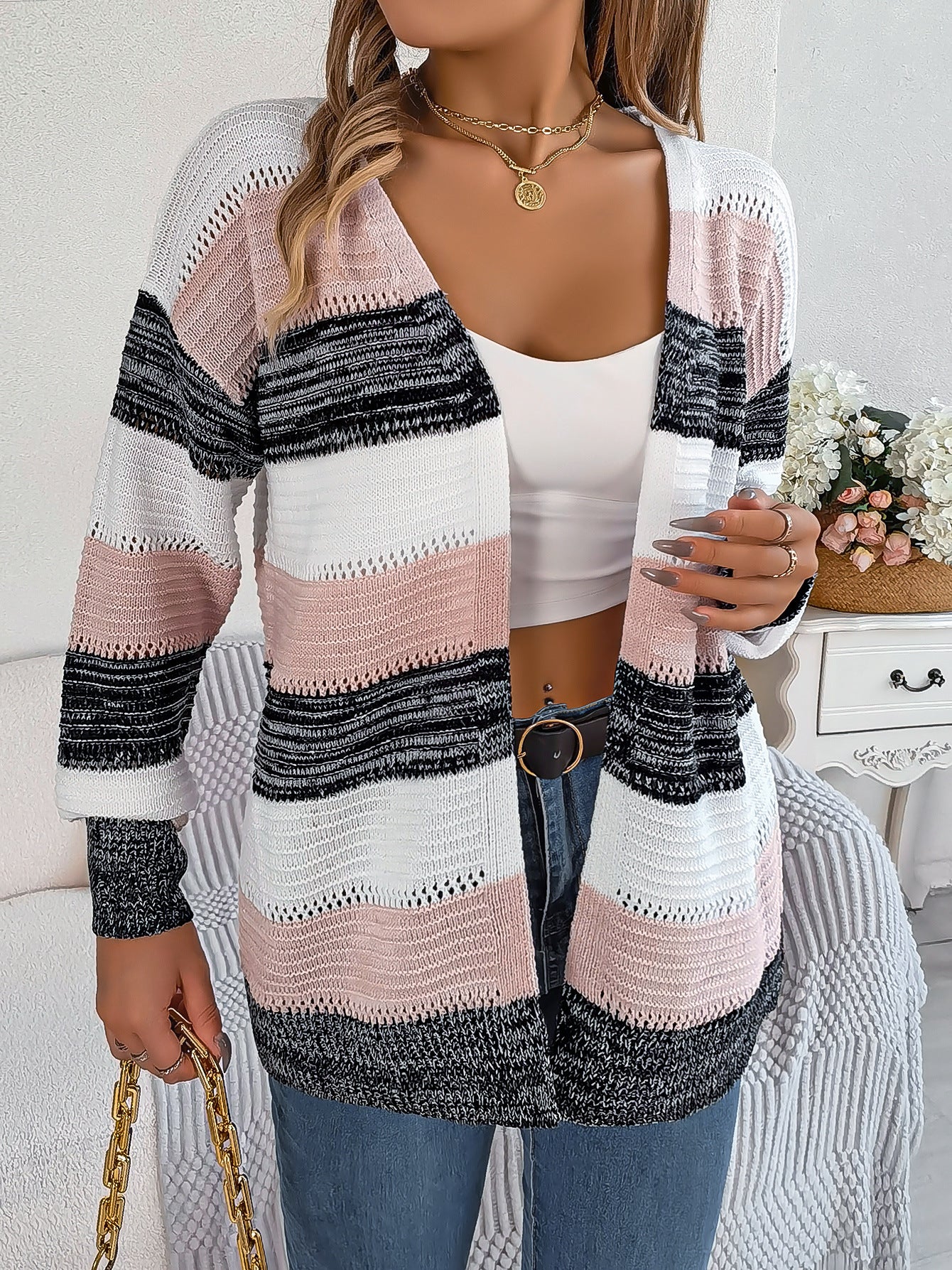 Casual Hollow Knit Contrast Color Striped Lantern Sleeve Sweater