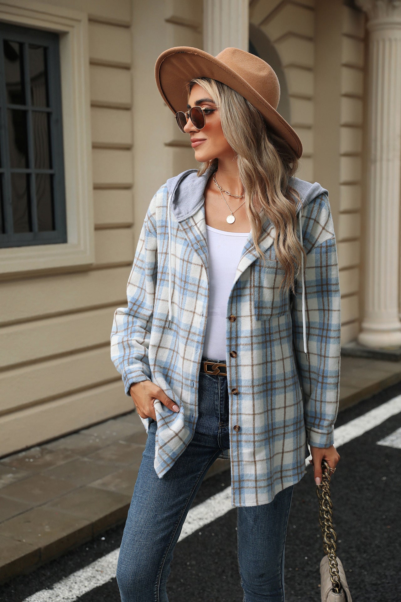Hooded Multi-button Plaid Long Sleeve Loose Woolen Coat