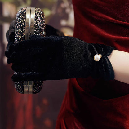 Black Velvet Short Pearl-Embellished Gloves