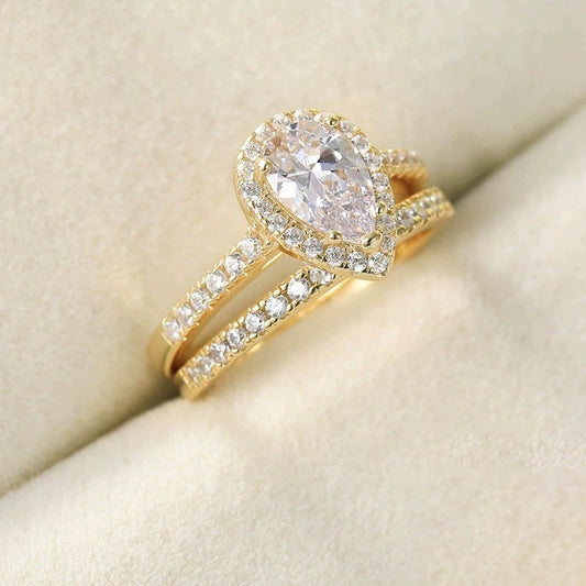 Teardrop Zircon Inlaid Ring – Elegant Sparkle in Silver, Gold & Rose Gold