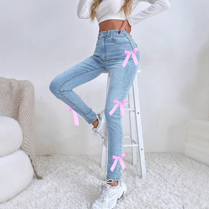 Leggings Stretch  With Soft Pink Bows Jeans