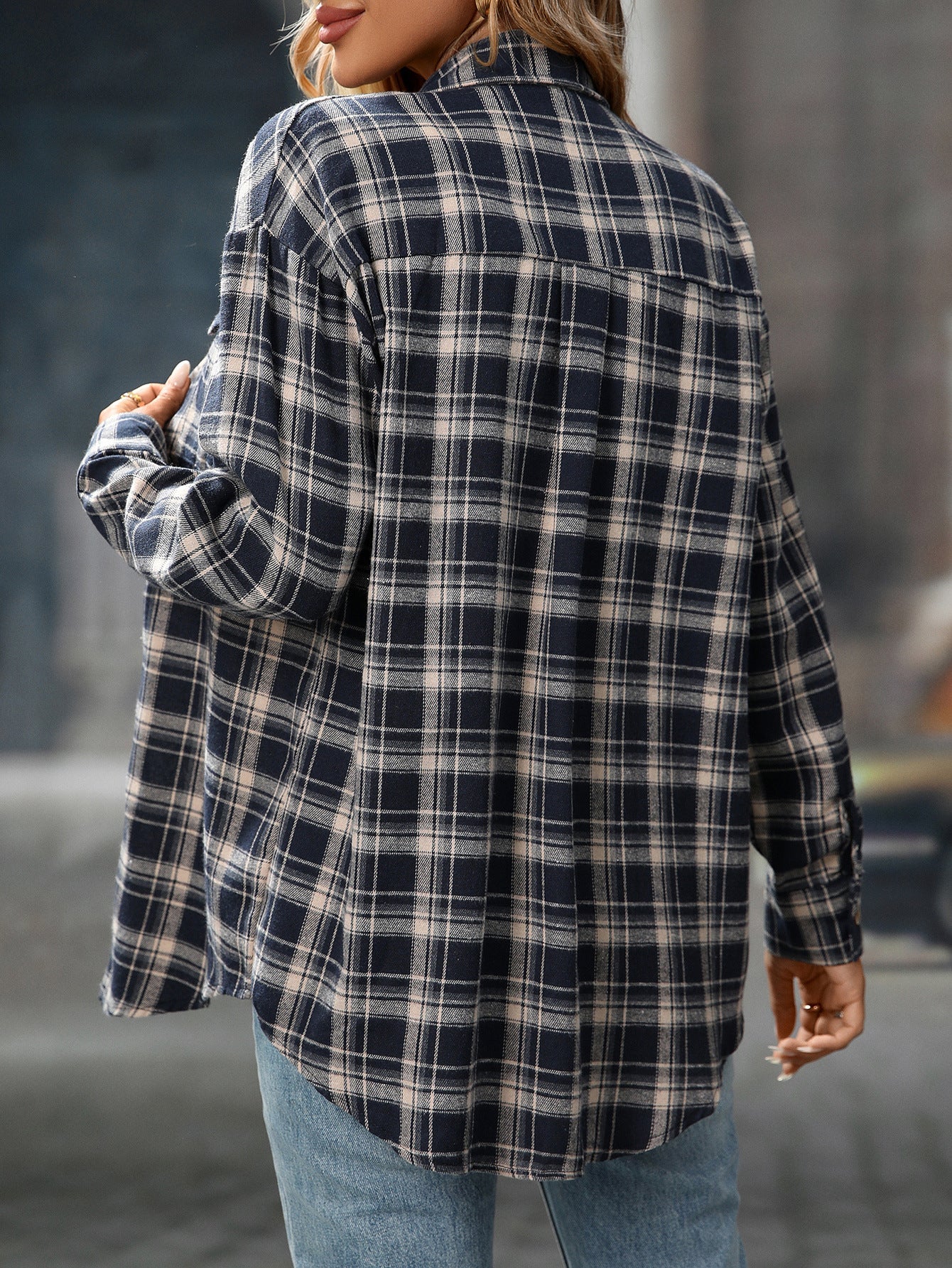 Loose Plaid Shirt Pocket Button