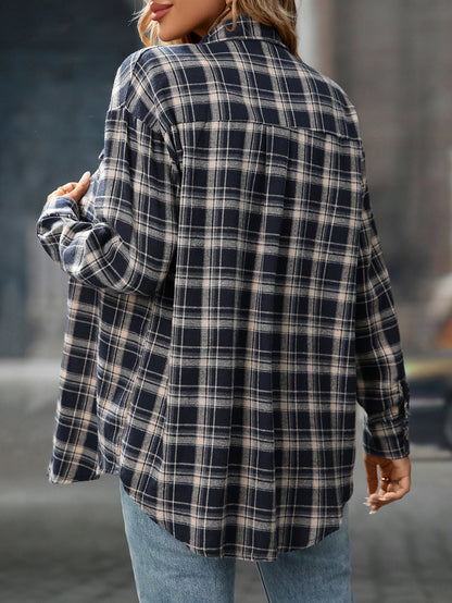 Loose Plaid Shirt Pocket Button