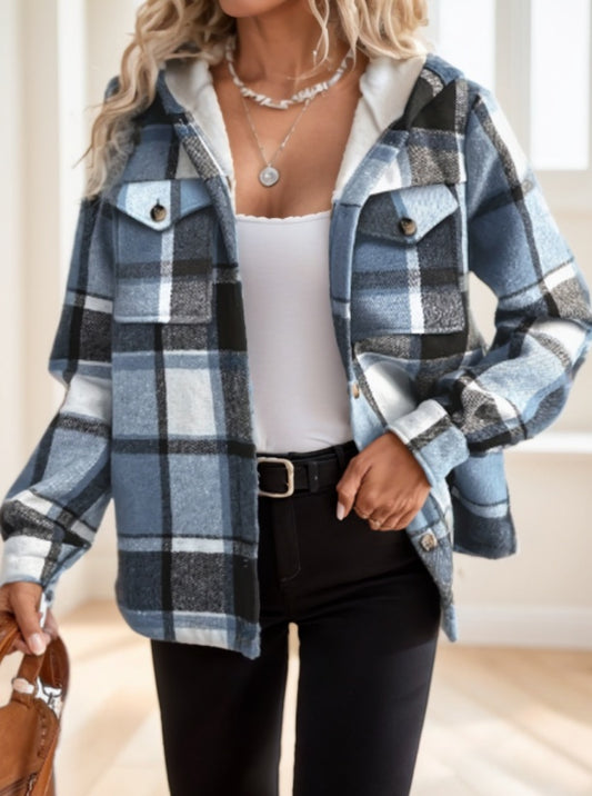 Plaid Hooded Jacket - Casual Long Sleeve Shacket With Button Front