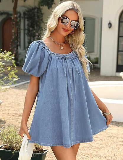 Square Collar Puff Sleeve Denim Dress