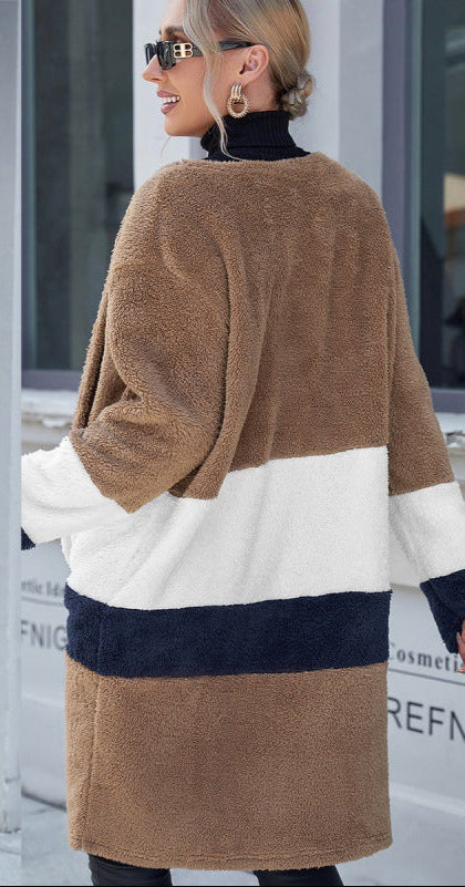 Double-Sided Woolen Blocking Mid-Length Cardigan