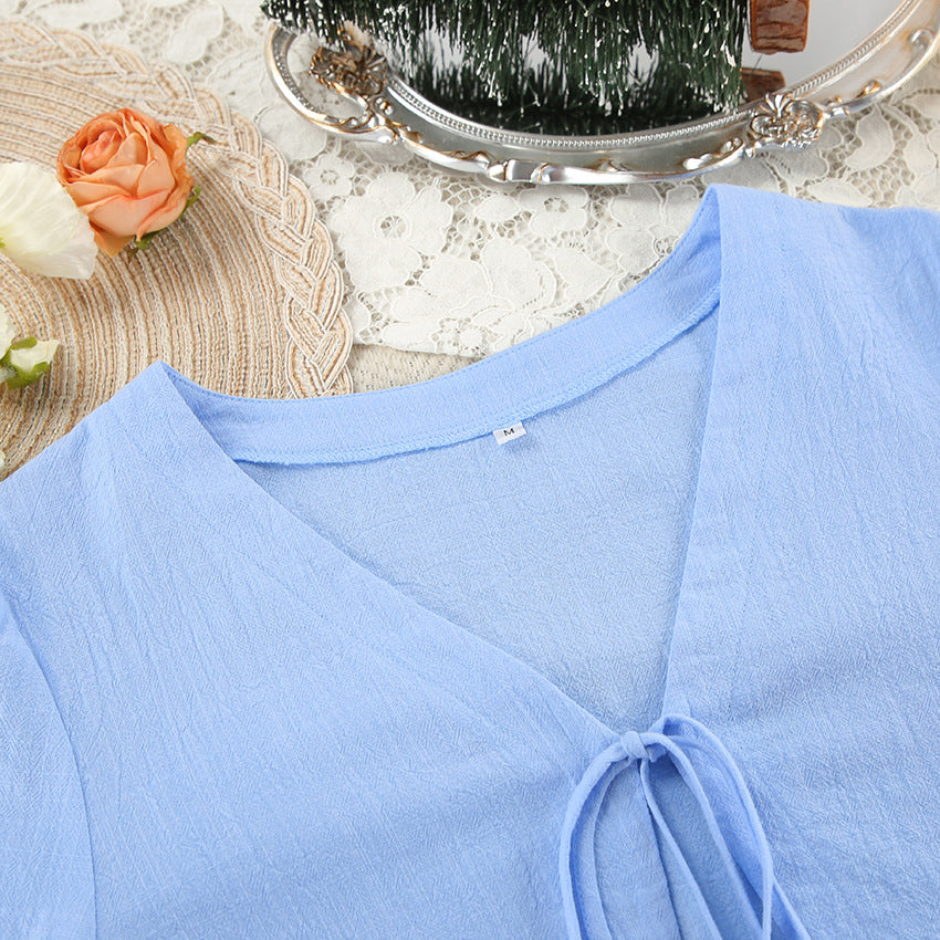 Cotton Loungewear Set Long Sleeve Cardigan with Lace-Up Shorts