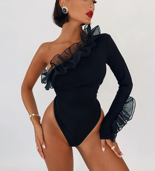 One-Shoulder Mesh Ruffle Bodysuit Slim Fit Slant