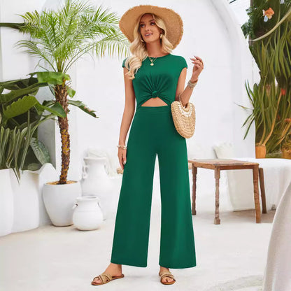 Casual Summer Jumpsuit Round Neck Sleeve Knitted One-Piece