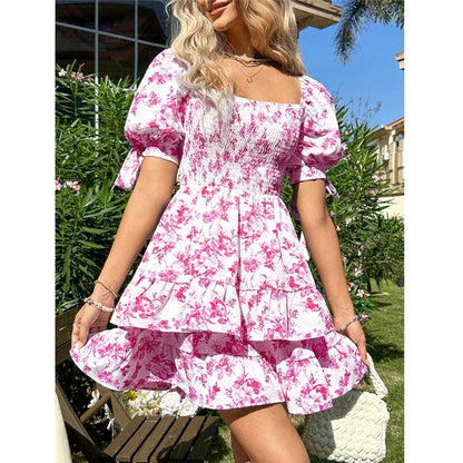 Puff Sleeve Square Neck Smocked Dress  Boho Floral Off-Shoulder Ruffle Mini Dress