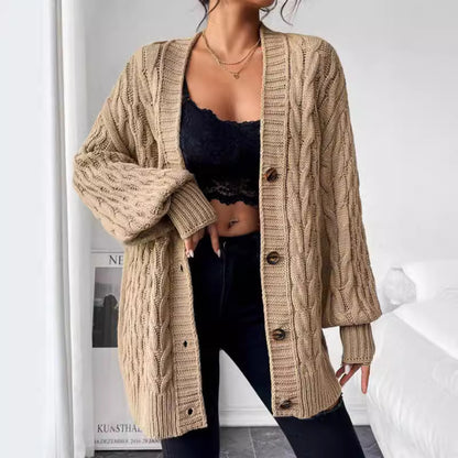 Single-Breasted V-Neck Sweater Coat Long Sleeve Knit Cardigan