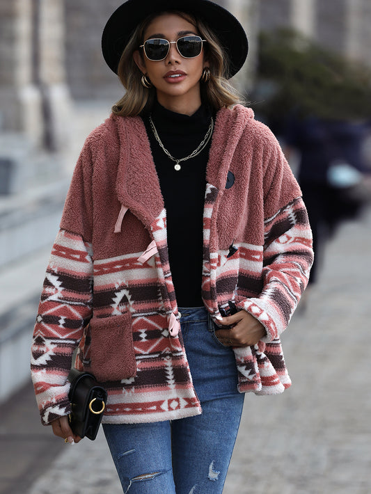 Hooded Long-Sleeve Jacket Geometric Print with Buttons