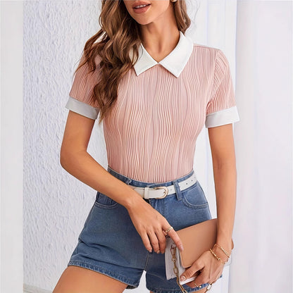 Contrast Collar Top Short Sleeve Blouse with White Lapel Detail