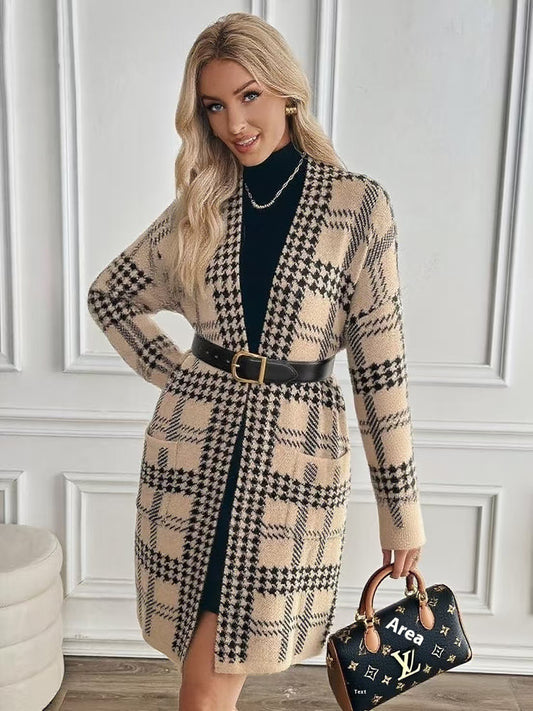 Houndstooth Knitted Long Cardigan Stylish Knit