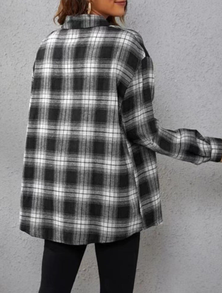 Plaid Cardigan Shirt Loose Fit Casual