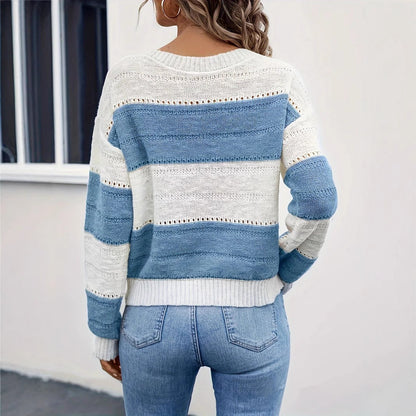 Knitted White & Blue Crew Neck Pullover Sweater