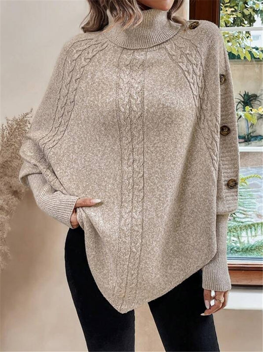 Turtleneck Batwing Shirt Long Sleeve Top with Decorative Buttons