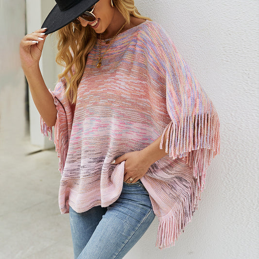 Shawl Cloak Sweater Striped Fringe Hem Coat Cardigan