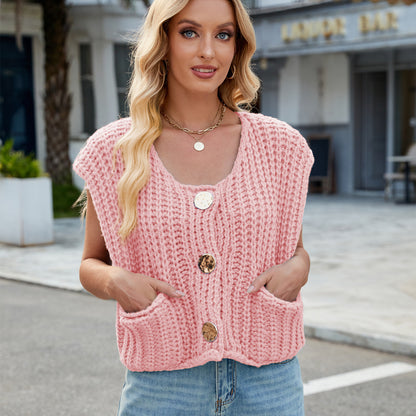 V-neck Three-button Sleeveless Cardigan