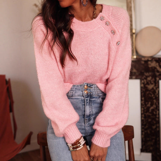 Raglan Sleeve Sweater  Round Neck Button Knit Pullover