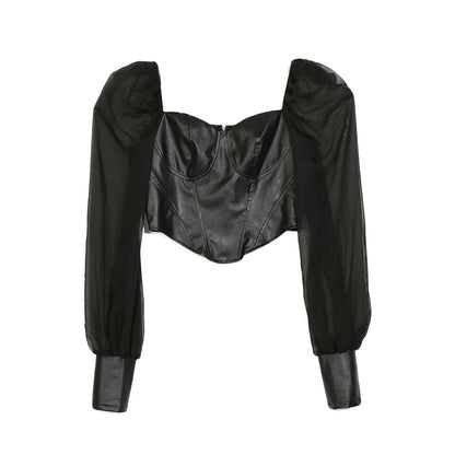 One-Shoulder Mesh Top  Puff Sleeve Stitching