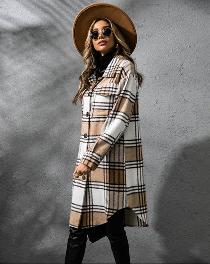 Plaid Wool Coat Single Row Button Long Winter Jacket