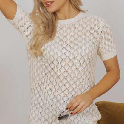 Beige Hollow-Out Crochet O-Neck Short Sleeve Sweater Tee