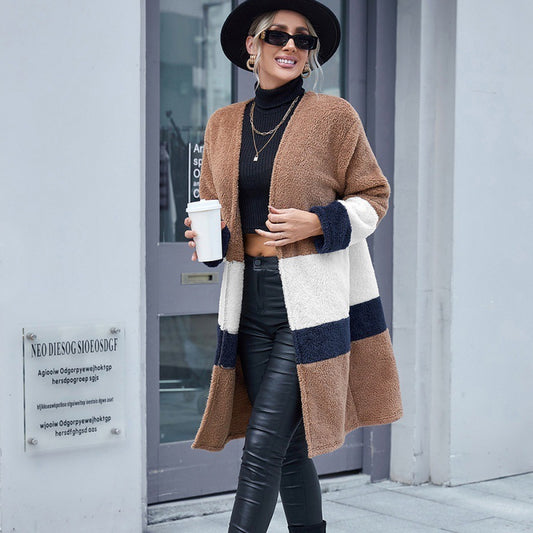 Double-Sided Woolen Blocking Mid-Length Cardigan