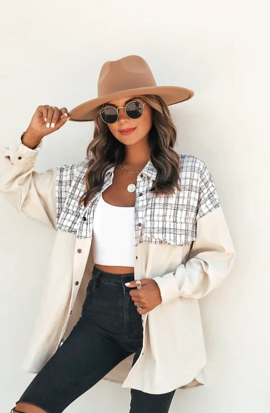 Corduroy Plaid Splicing Lapel Long Sleeve with Pockets