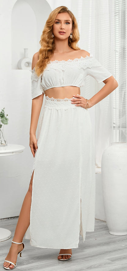 Off-Shoulder Short Sleeve Top Lace Lined Summer Blouse
