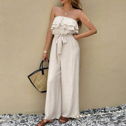 Summer Sleeveless Tube Top Jumpsuit  Ruffled Waist Tie