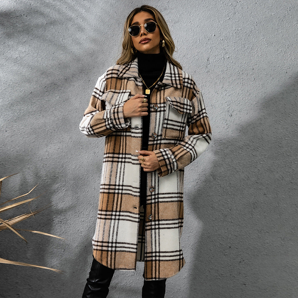 Plaid Wool Coat Single Row Button Long Winter Jacket