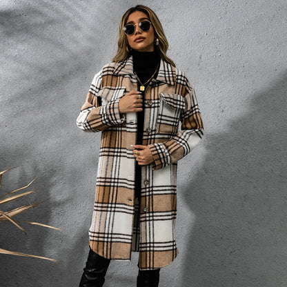 Plaid Wool Coat Single Row Button Long Winter Jacket