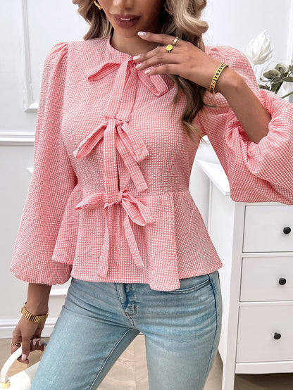 Elegant Contrast Color Tie Long Sleeve Shirt  Stylish Blouse