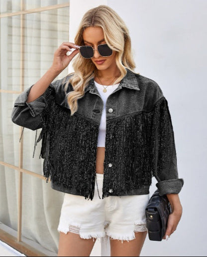 Washed Denim Jacket with Tassels Long Sleeve