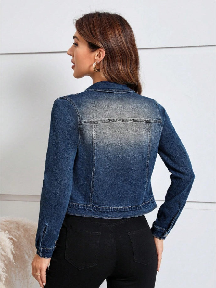 Casual Distressed Cropped Denim Jacket