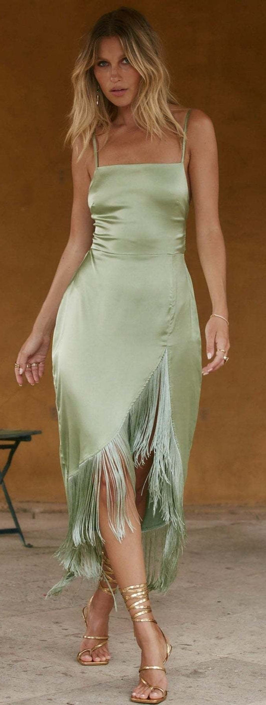 Tassel Irregular Hem Spaghetti Strap Dress