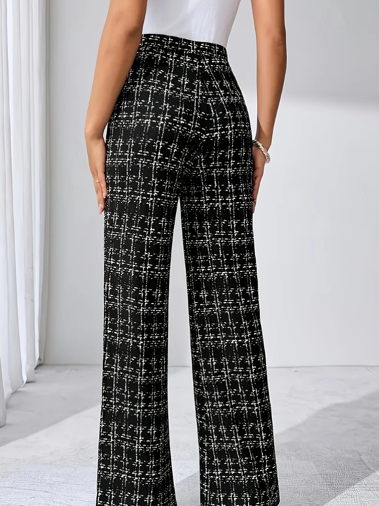 High Waist Woven Plaid Pants Straight Leg Trousers