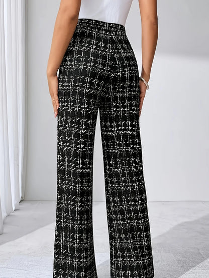 High Waist Woven Plaid Pants Straight Leg Trousers