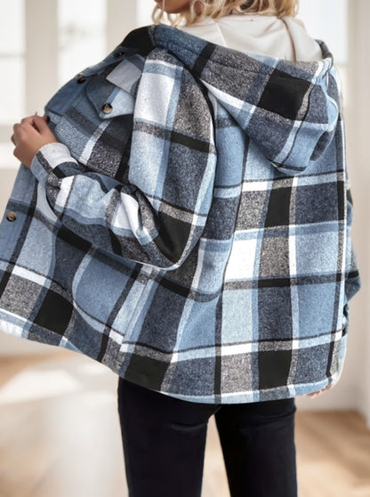 Plaid Hooded Jacket - Casual Long Sleeve Shacket With Button Front